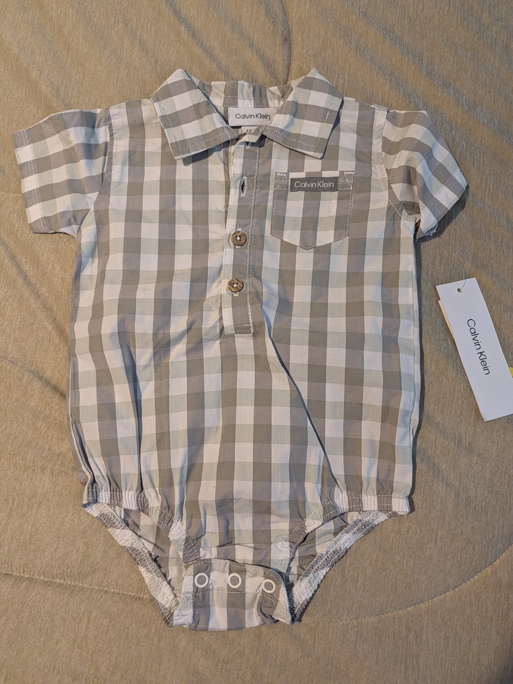 Calvin Klein Baby Plaid One-Piece Romper in Gray and White